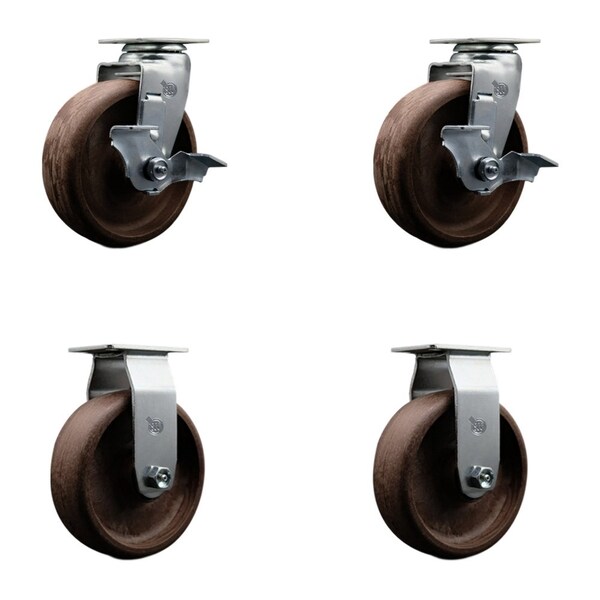 6'' High Temp Glass Filled Nylon Caster Set w/Bronze Bearing 2 Brakes 2 Rigid, 4PK